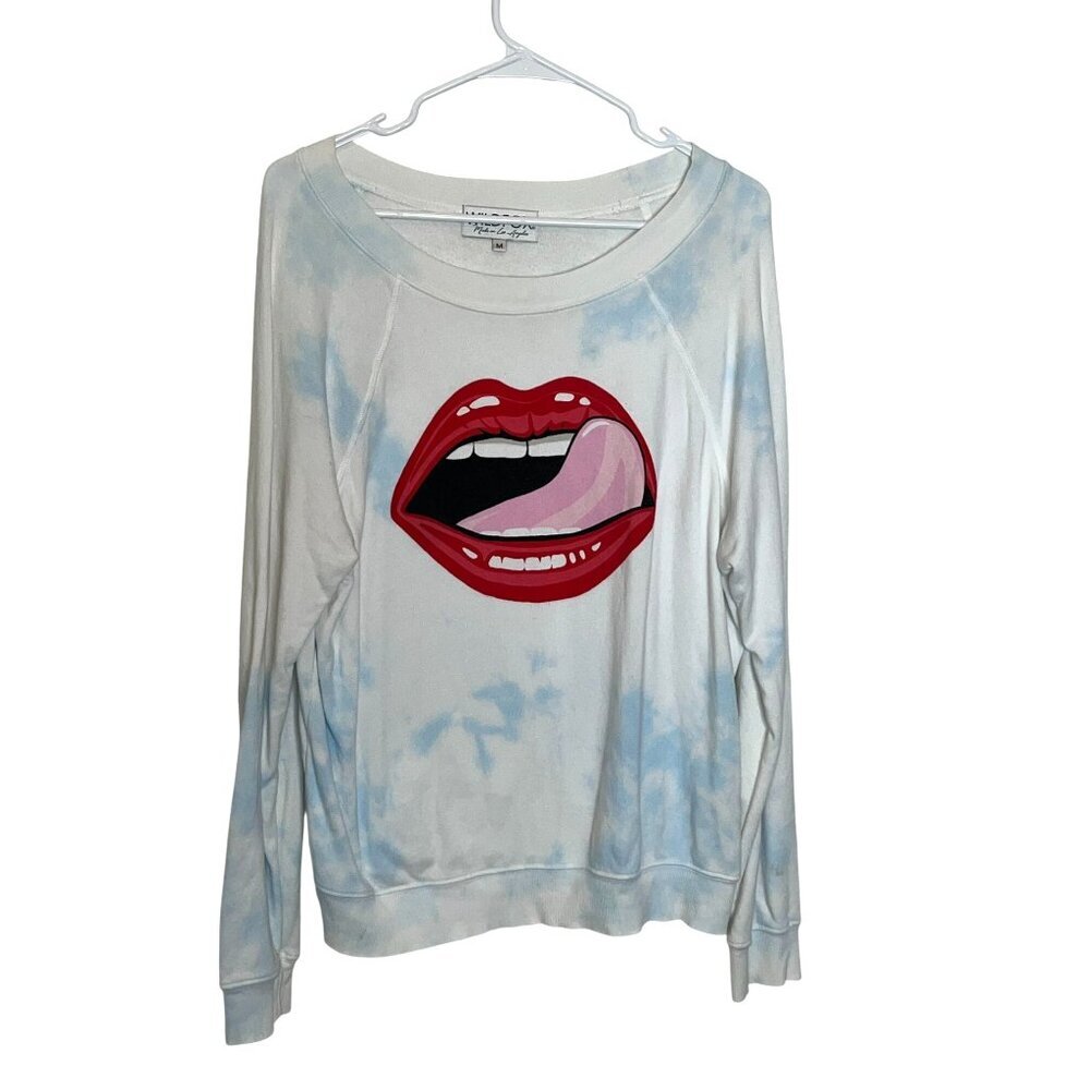 Wildfox Lips Graphic Tie-Dye Sweatshirt White & Blue Long Sleeve Women’s M